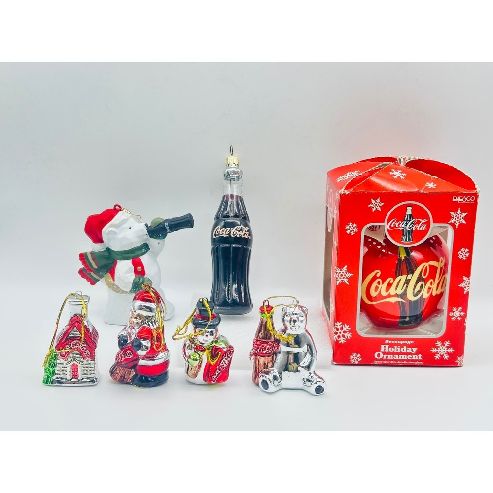 Coca-Cola Christmas Ornaments Set Enesco Decoupage Polar Bear Glass Bottle Lot 7